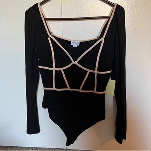 LeLis Black Ribbed Bodysuit with Cage Style Detail Sz L